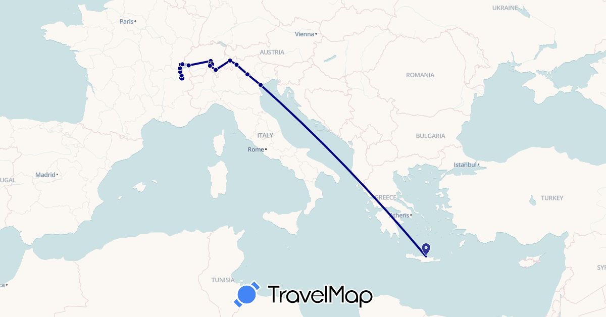 TravelMap itinerary: driving in Switzerland, France, Greece, Italy (Europe)
